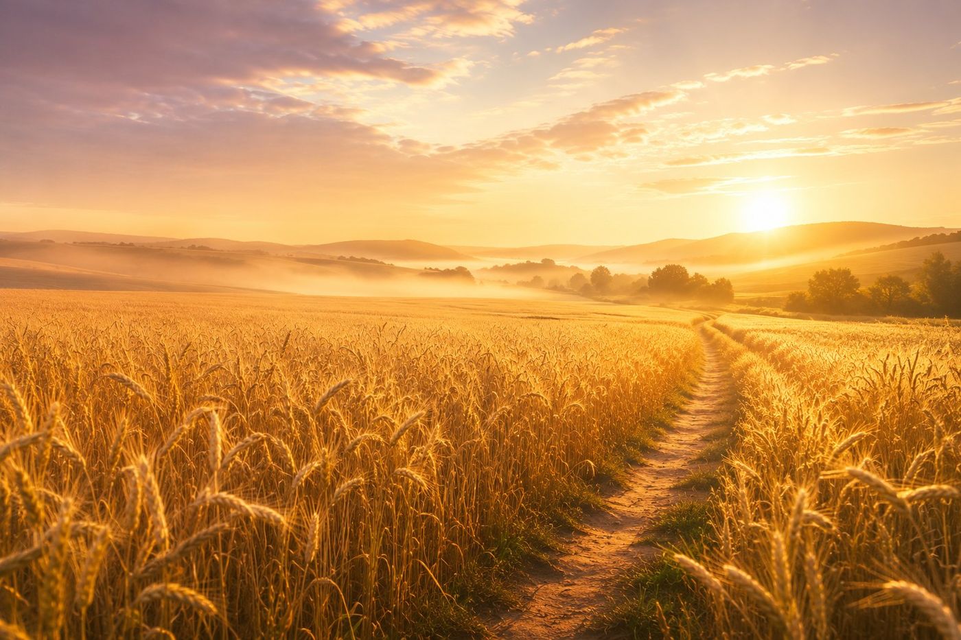A path through a wheat field at sunrise